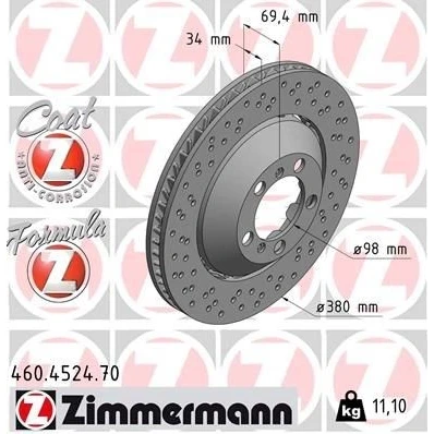 Billede af ZIMMERMANN 460.4524.70 Bremseskiver 380 34 7/5 5 130 ventileret, hullet, todelt bremseskive coatet legeret PORSCHE: 911 Coupe