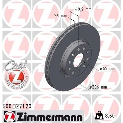 Billede af ZIMMERMANN Bremseskive VOLKSWAGEN: Golf VIII Hatchback, Caddy V Kombi, California, SKODA: Octavia IV Combi, Sedan 600.3271.20