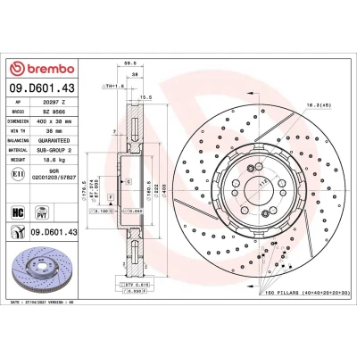 Billede af BREMBO 09.D601.43 Bremseskiver 400 38 5 todelt bremseskive, indvendigt ventileret, slidset/perforeret coatet højkarboniseret MERCEDES BENZ: GLE