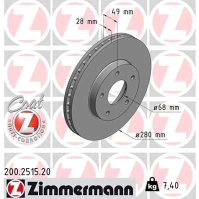 Billede af ZIMMERMANN COAT Z 200.2515.20 Bremseskiver 280 28 5/5 5 114 indvendigt ventileret coatet NISSAN: Primera Stationcar, X Trail, Sedan