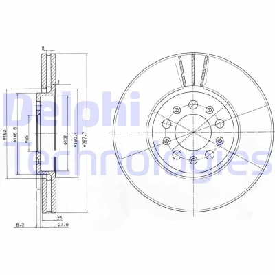Billede af DELPHI BG3035C Bremseskiver 288 25 5 ventileret coatet ubehandlet uden hjullejer, ABS sensorring VOLKSWAGEN: Polo V Hatchback, Golf 4, Bora Sedan