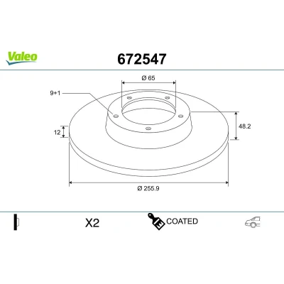 Billede af VALEO 672547 Bremseskiver bagaksel 256 12 9 fuldstændigt coatet VOLKSWAGEN: Golf 5, 6, Scirocco III, SKODA: Octavia 2 Combi, II Hatchback