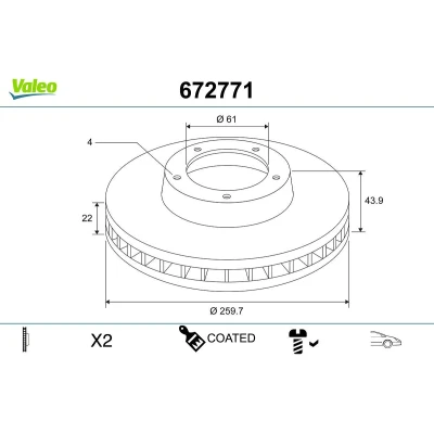 Billede af VALEO Bremseskive NISSAN: MICRA 4, Note II Hatchback foraksel 260mm 22mm 4 hul ventileret coatet 672771 402061HA0A,402061HA0B,402061HA0H Bremseskiver