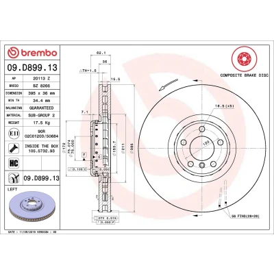 Billede af BREMBO 09.D899.13 Bremseskiver 395 36 5 indvendigt ventileret, todelt bremseskive coatet højkarboniseret med skruer BMW: X5, X6