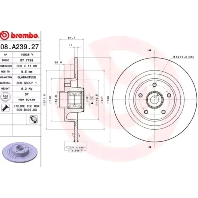 Billede af BREMBO BEARING DISC LINE 08.A239.27 Bremseskiver 300 11 5 fuldstændigt med hjullejesæt, ABS sensorring RENAULT: ESPACE 4