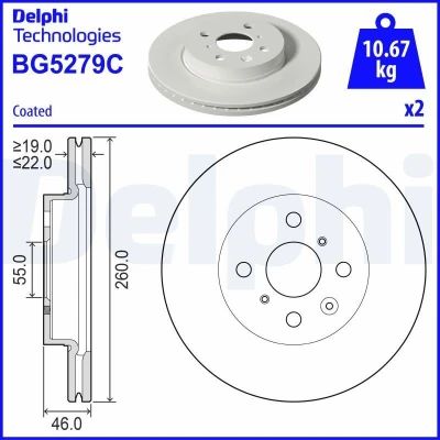 Billede af DELPHI Bremseskive 260mm 22mm 4 ventileret coatet BG5279C 435120H030 Bremseskiver, Skivebremser