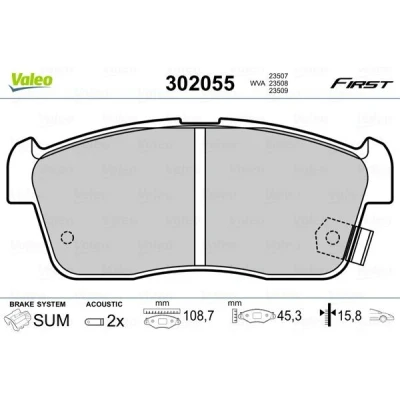 Billede af VALEO 302055 Bremseklodser FIRST foraksel Inkl. slidadvarselskontakt uden anti knirke plade SUZUKI: IGNIS 2, Alto VI, Celerio, DAIHATSU: Sirion II