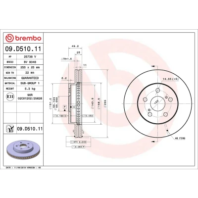 Billede af BREMBO 09.D510.11 Bremseskiver 255 25 5 indvendigt ventileret coatet TOYOTA: Prius PHV Hatchback, IV Liftback