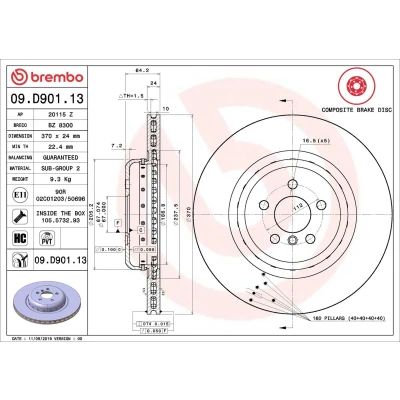 Billede af BREMBO 09.D901.13 Bremseskiver 370 24 5 indvendigt ventileret, todelt bremseskive coatet højkarboniseret med skruer BMW: Sedan, X5, 7