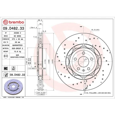 Billede af BREMBO 09.D482.33 Bremseskiver 370 30 5 perforeret/indv. ventileret, todelt bremseskive coatet højkarboniseret AUDI: A6 C8 Avant, Q8