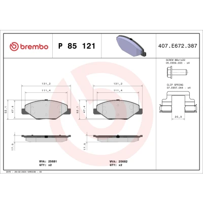 Billede af BREMBO P 85 121X Bremseklodser Ekskl. slidadvarselskontakt med bremsecaliperskruer tilbehør SKODA: Fabia 2, Rapid Hatchback, III Hatchback