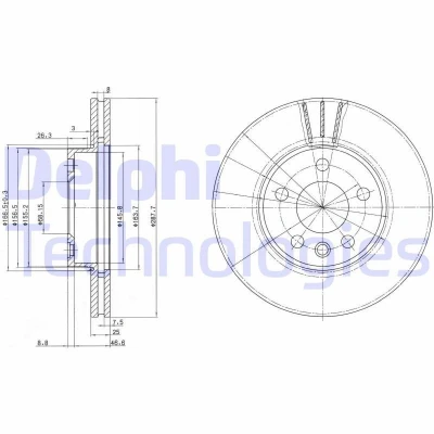 Billede af DELPHI BG3025 Bremseskiver 288 25 5 ventileret olieret ubehandlet uden hjullejer, ABS sensorring VOLKSWAGEN: Sharan I, FORD: Galaxy Mk1 MPV