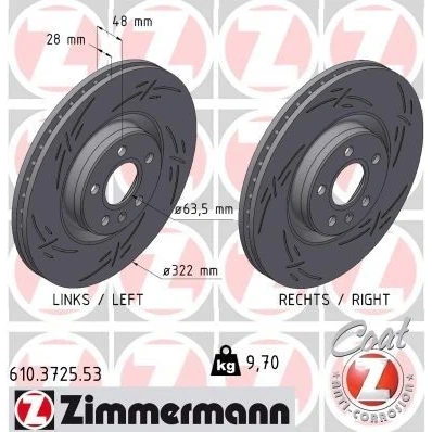 Billede af ZIMMERMANN Bremseskive VOLVO: XC60 II, V60 V90 II Stationcar 28mm 6/5 5 hul 108mm indvendigt ventileret, opslidset coatet 610.3725.53 31423724