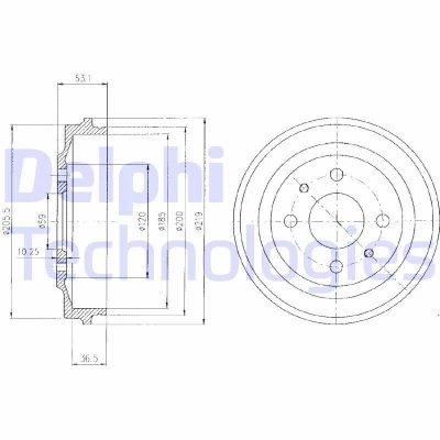 Billede af DELPHI BF136 Bremsetromler uden ABS sensorring, hjullejer 219 FIAT: 126, 128 Familiare, Seicento / 600 Hatchback