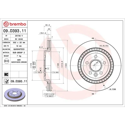 Billede af BREMBO 09.D393.11 Bremseskiver 302 22 5 indvendigt ventileret coatet højkarboniseret VOLVO: XC70 II Stationcar, V60 I, S60