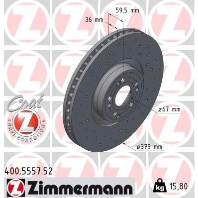 Billede af ZIMMERMANN Bremseskive 36mm 9/5 5 hul 112mm indvendigt ventileret, hullet coatet højkarboniseret 400.5557.52 1674210901,167421090107,A1674210901