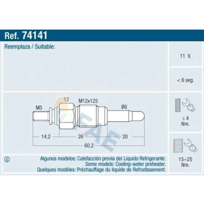 Billede af FAE 74141 Gløderør 11V M12x125 VOLKSWAGEN: TRANSPORTER 4 Bus, 4, 3 Kasten, VOLVO: 740 Stationcar