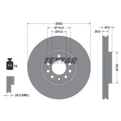 Billede af TEXTAR PRO 92118303 Bremseskiver 302 28 05/08 110 udvendig ventileret coatet uden hjulbolte, hjulnav OPEL: Vectra C Caravan, CC