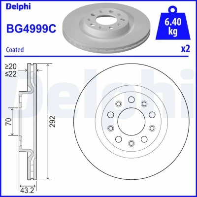 Billede af DELPHI BG4999C Bremseskiver 292 22 5 ventileret, perforeret/indv. ventileret coatet ubehandlet uden hjullejer, ABS sensorring
