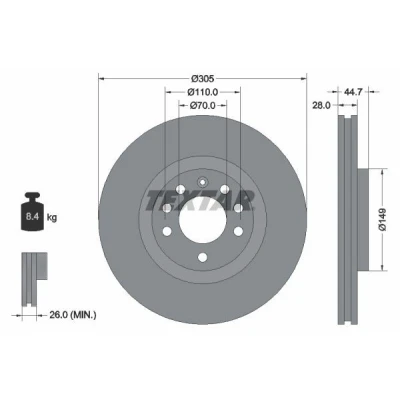 Billede af TEXTAR PRO 92155403 Bremseskiver 305 28 05/08 110 indvendigt ventileret coatet uden hjulbolte, hjulnav FIAT: Croma II Stationcar