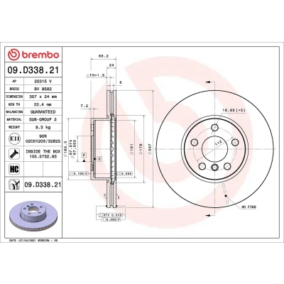 Billede af BREMBO 09.D338.21 Bremseskiver 307 24 5 indvendigt ventileret coatet højkarboniseret