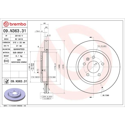 Billede af BREMBO 09.N363.31 Bremseskiver 315 23 5 indvendigt ventileret coatet OPEL: Insignia B Sports Tourer, Grand Sport