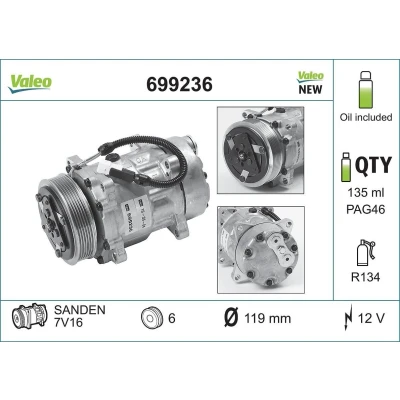 Billede af VALEO NEW ORIGINAL PART 699236 Kompressor SD7V16 12 PAG 46 R 134a med kompressorolie PEUGEOT: 206 Hatchback