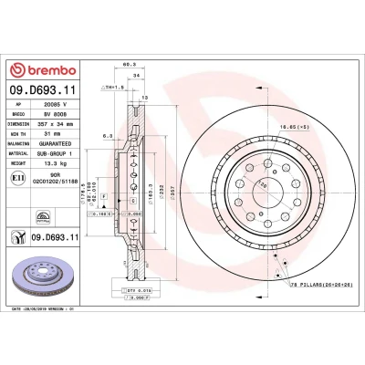 Billede af BREMBO 09.D693.11 Bremseskiver 357 34 5 indvendigt ventileret coatet