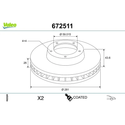 Billede af VALEO Bremseskive FIAT: BRAVO 2, Stilo Hatchback, Multi Wagon, ALFA ROMEO: MiTo foraksel 281mm 26mm 4 hul ventileret coatet 672511 Bremseskiver
