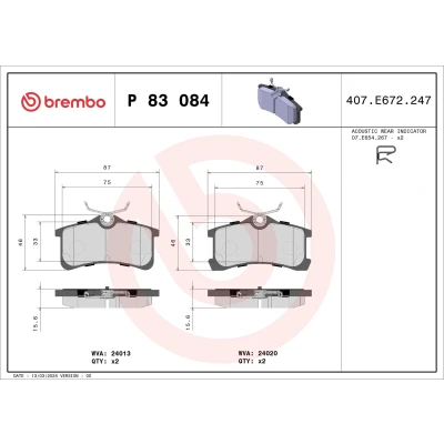 Billede af BREMBO P 83 084 Bremseklodser med akustisk advarsel for slid uden tilbehør TOYOTA: Avensis I Stationcar, Corolla VIII Compact, Liftback