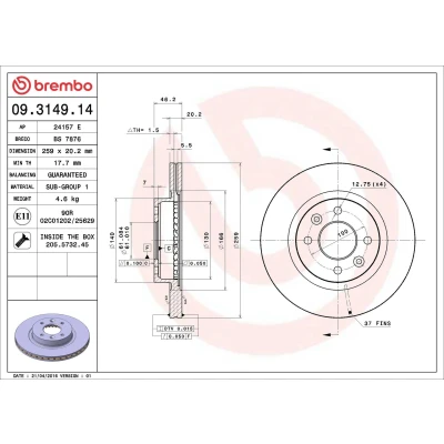 Billede af BREMBO 09.3149.14 Bremseskiver 259 20,2 4 indvendigt ventileret med skruer RENAULT: ESPACE 2