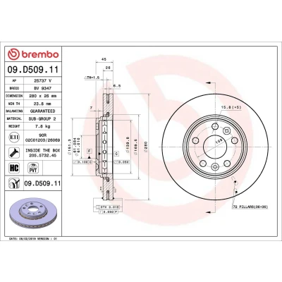 Billede af BREMBO 09.D509.11 Bremseskiver 280 26 5 indvendigt ventileret coatet højkarboniseret med skruer MERCEDES BENZ: Citan Van, RENAULT: Kangoo II Express