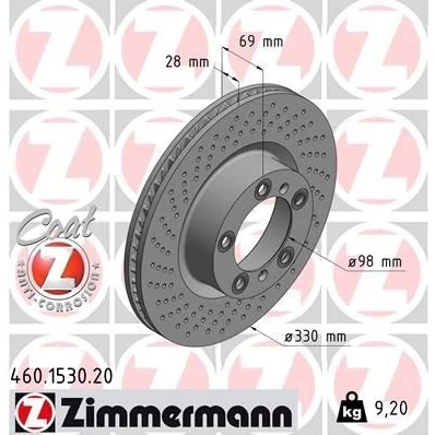 Billede af ZIMMERMANN COAT Z 460.1530.20 Bremseskiver 330 28 7/5 5 130 indvendigt ventileret, Sænket coatet PORSCHE: 911 Cabriolet, Coupe, Boxster