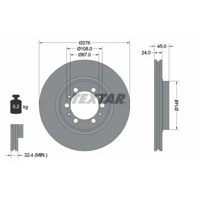 Billede af TEXTAR 92079800 Bremseskiver 276 24 06/10 108 indvendigt ventileret uden hjullejer, hjulbolte, hjulnav MITSUBISHI: PAJERO 2