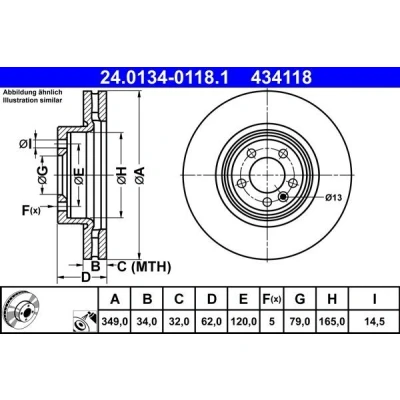 Billede af ATE Bremseskive LAND ROVER: Range Rover Sport 349,0mm 34,0mm 5 120,0mm ventileret coatet legeret 24.0134 0118.1 Bremseskiver, Skivebremser
