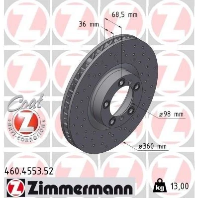 Billede af ZIMMERMANN 460.4553.52 Bremseskiver 360 36 7/5 5 130 indvendigt ventileret, hullet coatet højkarboniseret PORSCHE: Cayenne Coupe