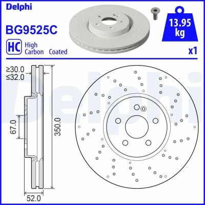 Billede af DELPHI Bremseskive MERCEDES BENZ: A klasse, GLB, CLA Coupe 350mm 32mm 5 ventileret, hullet BG9525C Bremseskiver, Skivebremser