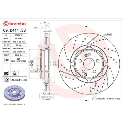 Billede af BREMBO 09.D411.33 Bremseskiver 370 32 5 slidset/perforeret, todelt bremseskive, indvendigt ventileret coatet højkarboniseret MERCEDES BENZ: GLE