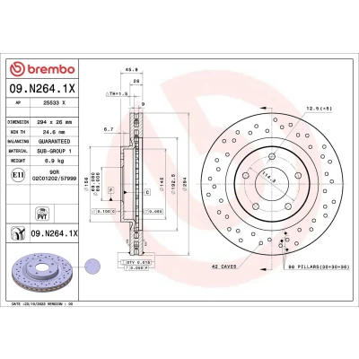 Billede af BREMBO Bremseskive MITSUBISHI: OUTLANDER 3, ASX SUV, Lancer 8 Limousine 294mm 26mm 5 perforeret/indv. ventileret coatet 09.N264.1X Bremseskiver