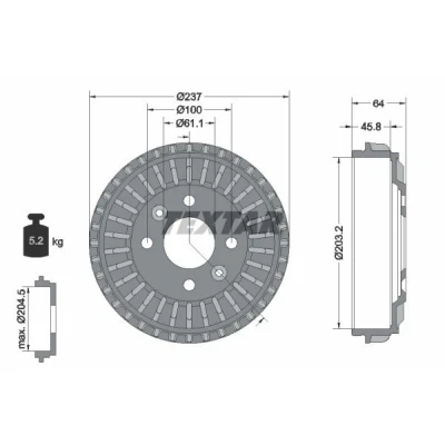 Billede af TEXTAR 94046200 Bremsetromler uden hjullejer, hjulbolte, hjulnav 237 SMART: Fortwo III Coupe