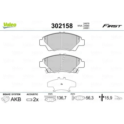 Billede af VALEO 302158 Bremseklodser FIRST foraksel Inkl. slidadvarselskontakt med anti knirke plade HONDA: JAZZ 3, 4, Insight II Hatchback