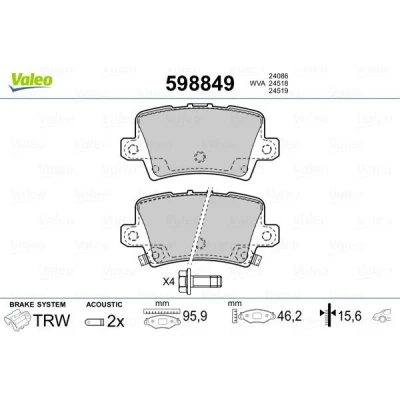 Billede af VALEO 598849 Bremseklodser bagaksel Inkl. slidadvarselskontakt med sikringsskruesæt, anti knirke plade HONDA: CIVIC 8 Hatchback