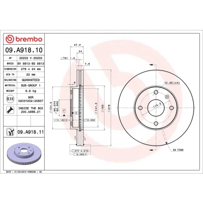 Billede af BREMBO COATED DISC LINE 09.A918.11 Bremseskiver 278 24 4 indvendigt ventileret coatet med skruer CHEVROLET: Epica Sedan