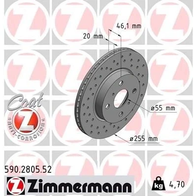 Billede af ZIMMERMANN SPORT COAT Z 590.2805.52 Bremseskiver 255 20 6/4 4 100 indvendigt ventileret, hullet coatet TOYOTA: iQ