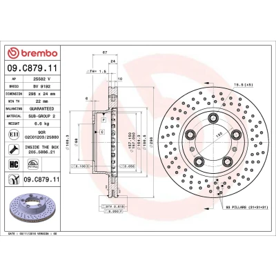 Billede af BREMBO 09.C879.11 Bremseskiver 298 24 5 perforeret/indv. ventileret coatet højkarboniseret med skruer PORSCHE: Cayman, Boxster