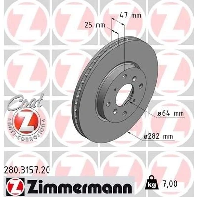 Billede af ZIMMERMANN COAT Z 280.3157.20 Bremseskiver 282 25 8/4 4 114 indvendigt ventileret coatet HONDA: Accord 6 Limousine