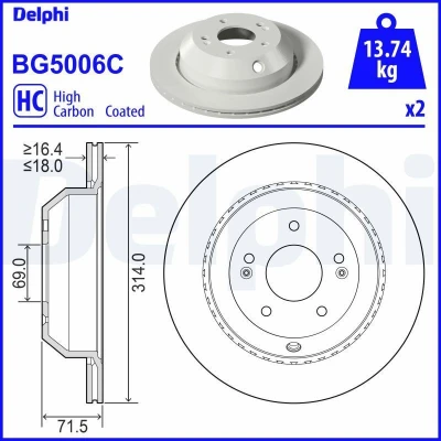 Billede af DELPHI BG5006C Bremseskiver 314 18 ventileret coatet højkarboniseret uden hjullejer, ABS sensorring