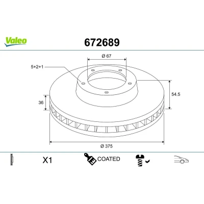 Billede af VALEO Bremseskive MERCEDES BENZ: ML klasse, GLE SUV foraksel 375mm 36mm 5 hul perforeret/indv. ventileret coatet 672689 1664210912