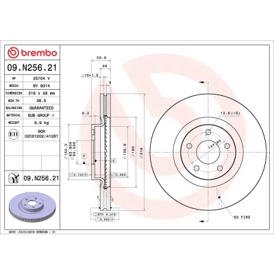Billede af BREMBO 09.N256.21 Bremseskiver 316 28 5 indvendigt ventileret coatet FORD: Mondeo Kombi, S Max Mk2, Galaxy Mk3 MPV
