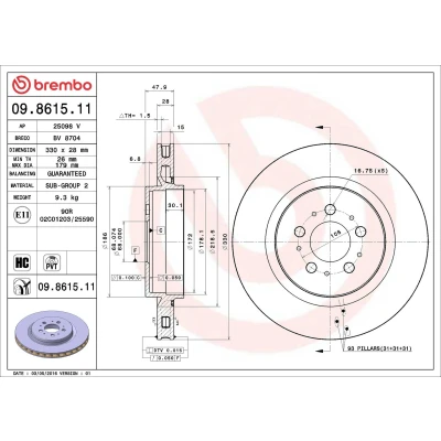 Billede af BREMBO COATED DISC LINE 09.8615.11 Bremseskiver 330 28 5 indvendigt ventileret coatet højkarboniseret VOLVO: V70 2, S60 I